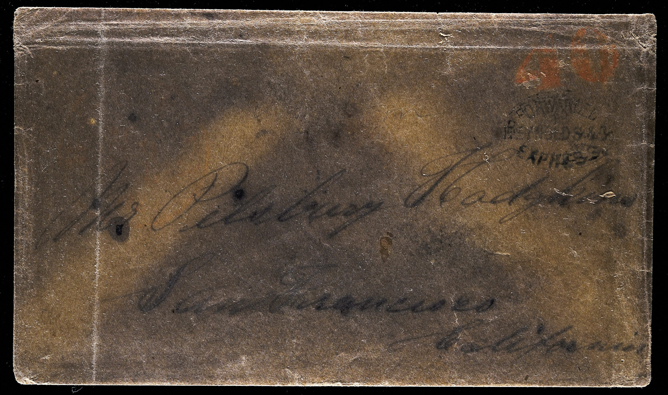 Reynolds & Co.’s Express, Black Oval Company Handstamp on Stampless Cover to San Francisco, Red Transcontinental "40" Handstamp