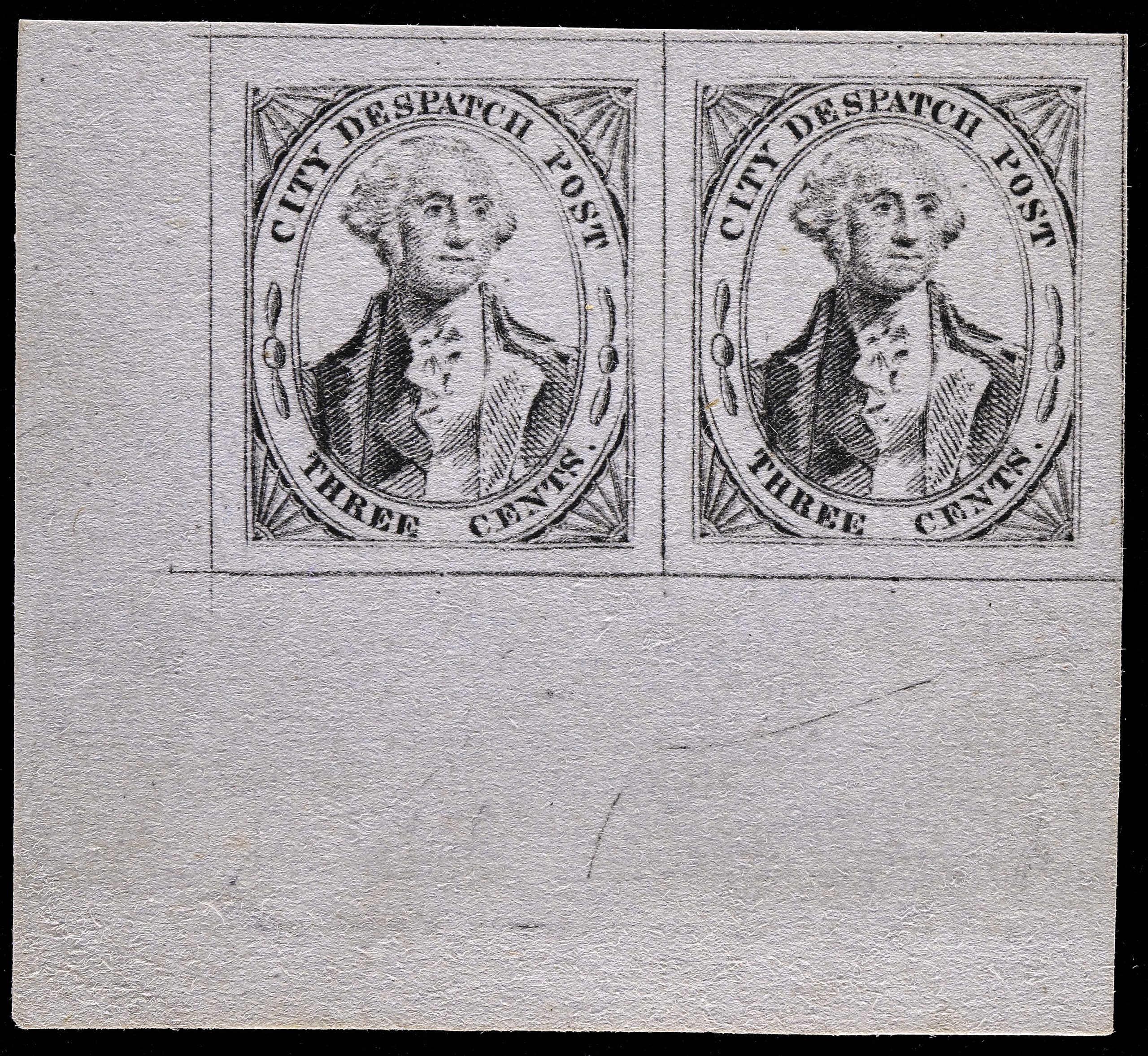 This unused left corner margin horizontal pair of (Greig’s) City Despatch Post, 40L1, 3c Black on Grayish is now the highest-graded example of the first U.S. stamp ever recorded.