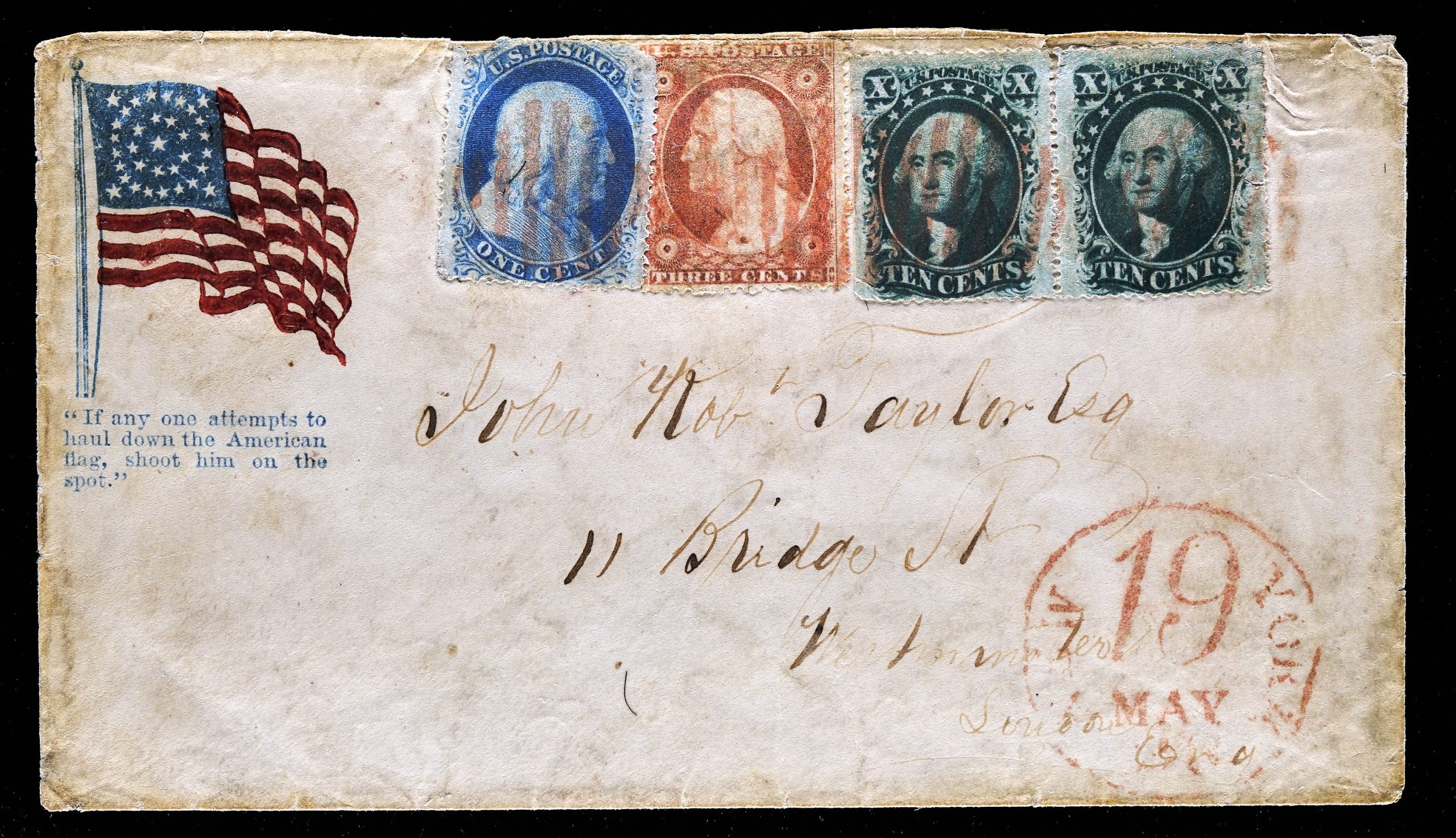 #35 1859 10c Green Horizontal Pair with #24 1c Blue and #26 1c Dull Red, on Waving Patriotic Flag Cover to London