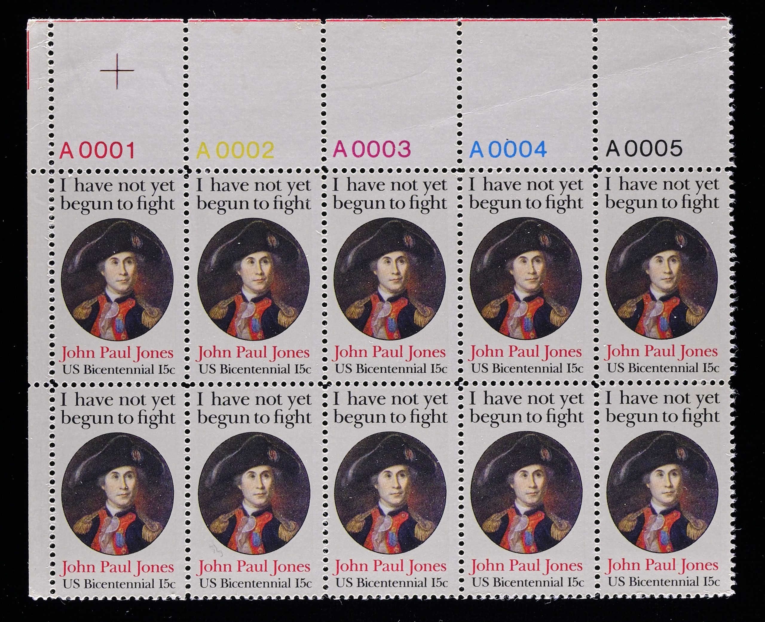 #1789B 1979 15c Multicolor, John Paul Jones, Perforation 12, Top Left Plate Number Block of 10, Unused, Original Gum, Never Hinged
