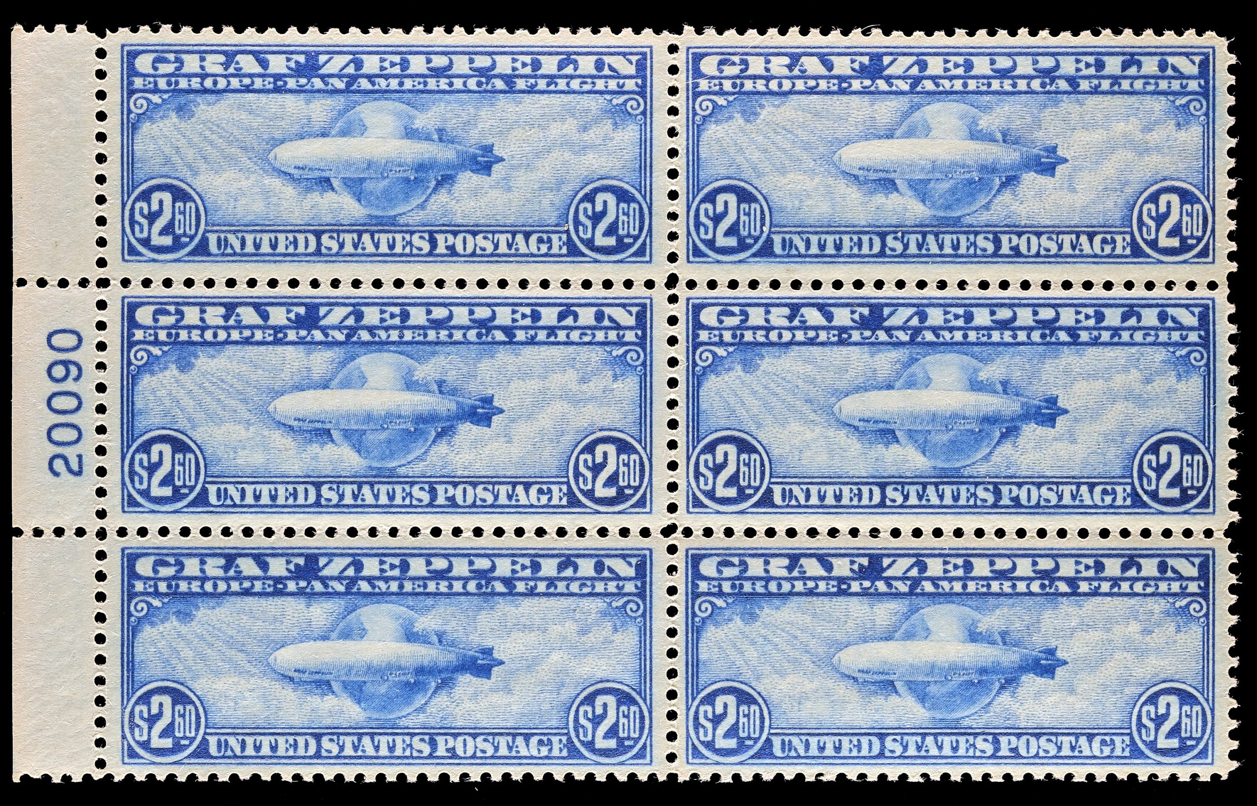 #C15 1930 $2.60 Blue, Graf Zeppelin, Airmail, Left Margin Plate Block of 6, Unused, Original Gum, Never Hinged