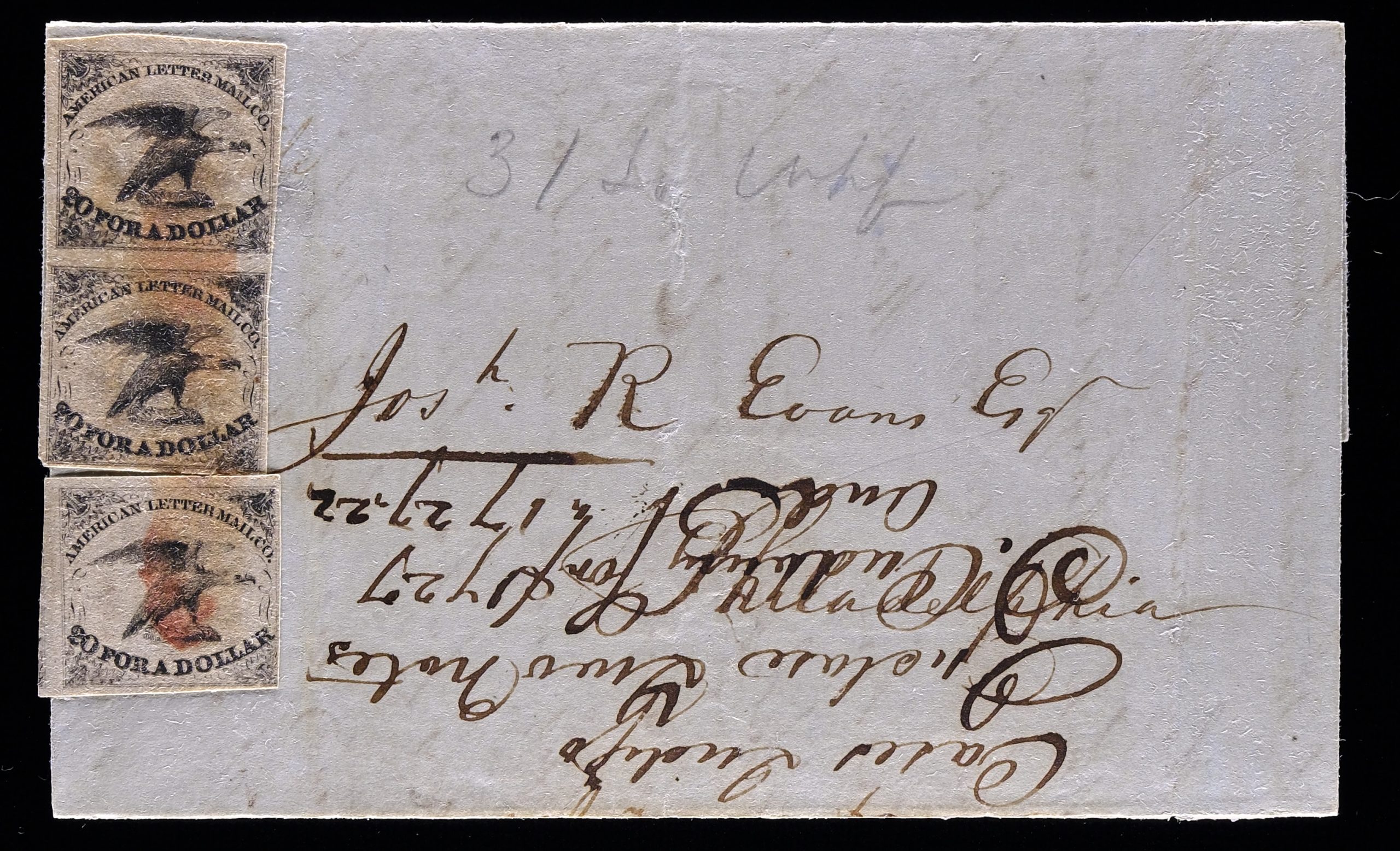 American Letter Mail Co., 5L1, 5c Black, Vertical Pair and Single, Clear to Huge Margins, Tied Together by Red Brush Stroke Cancel on 1844 Folded Letter, New York to Philadelphia