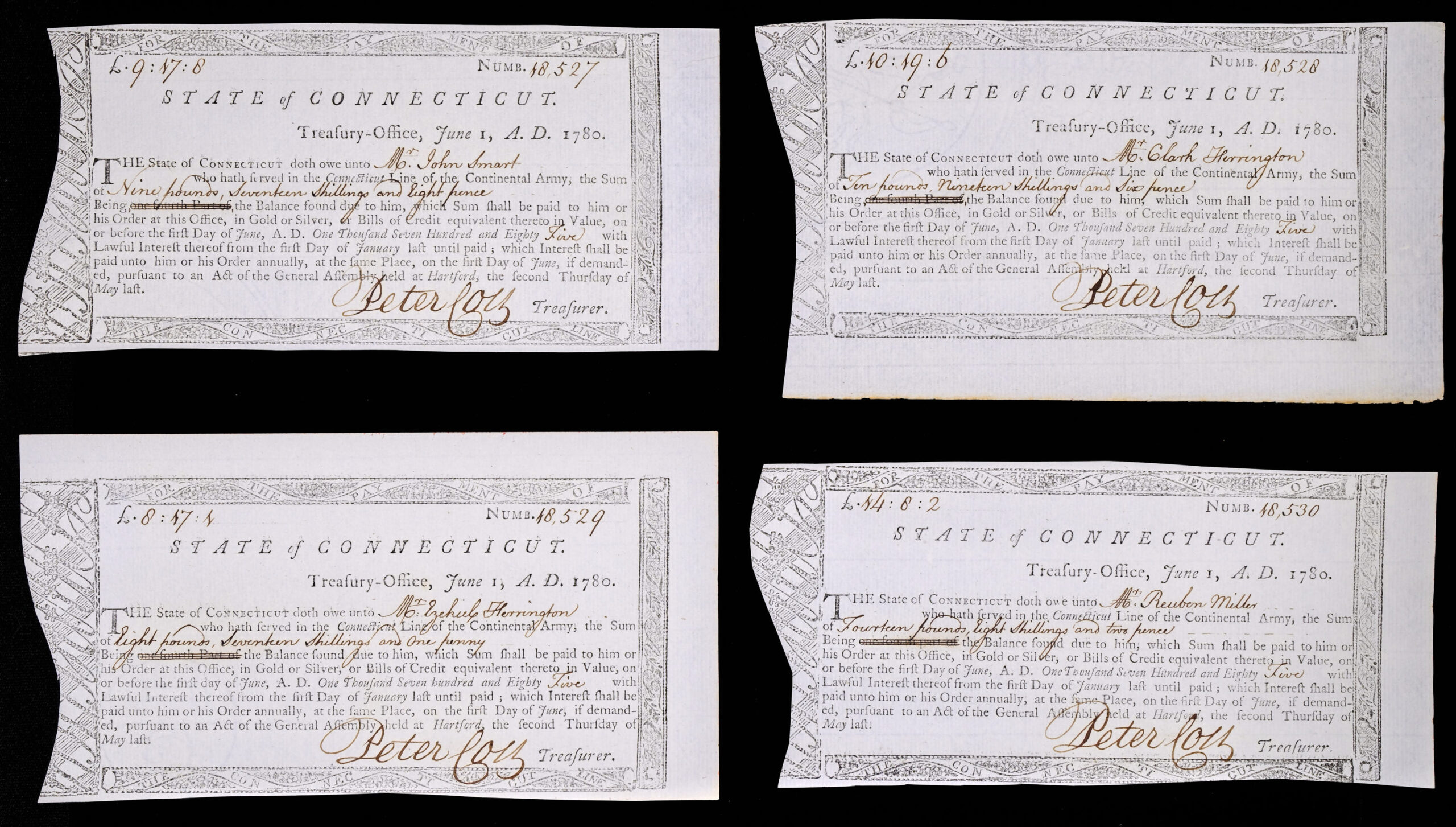 1780 State of Connecticut, Revolutionary War Pay Orders to Connecticut Line Soldiers of the Continental Army, Signed by Peter Colt