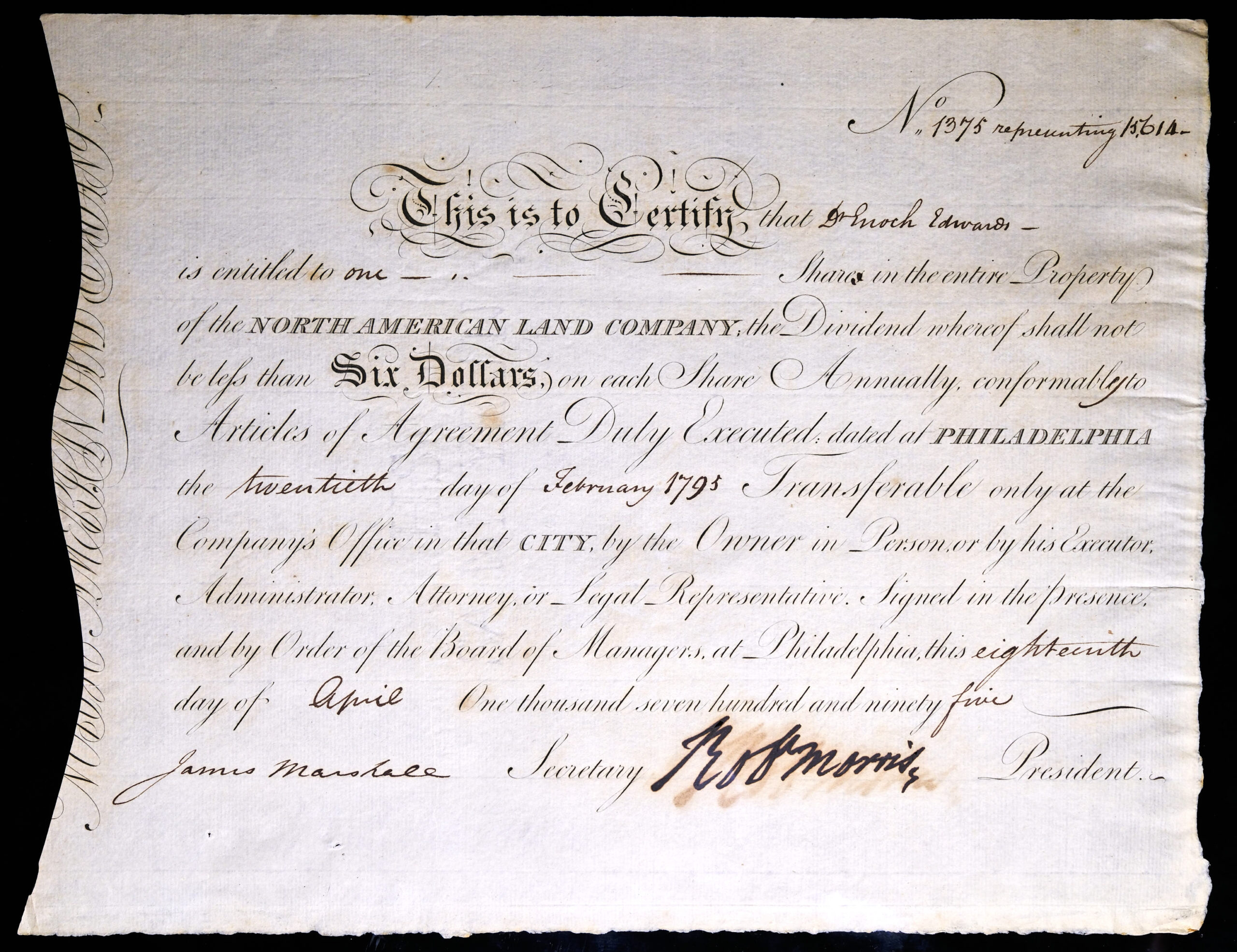 1795 North American Land Company, Share Certificate Signed by Robert Morris as President of the Company