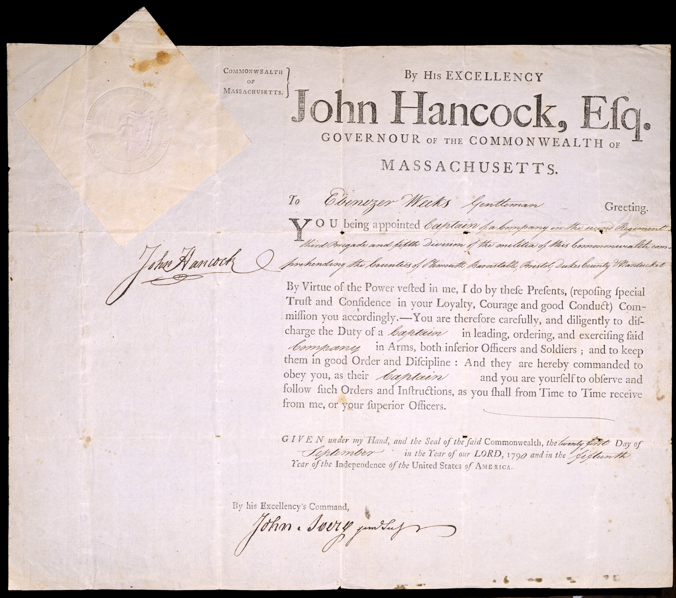1790 Commonwealth of Massachusetts, Militia Commission Appointing Captain Ebenezer Weeks, Signed by Governor John Hancock and John Avery