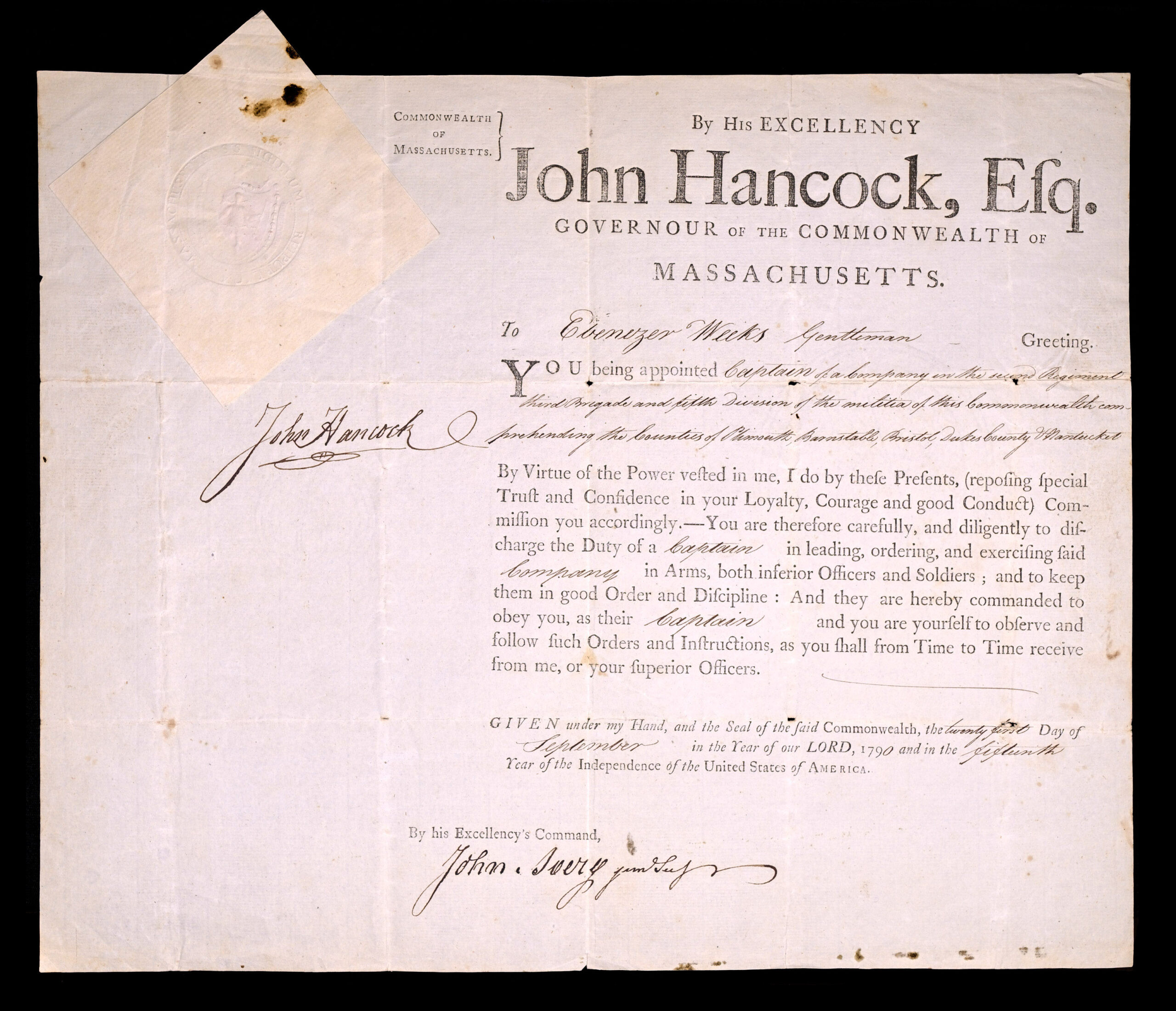 1790 Commonwealth of Massachusetts, Militia Commission Signed by Governor John Hancock and John Avery Appointing Captain Ebenezer Weeks